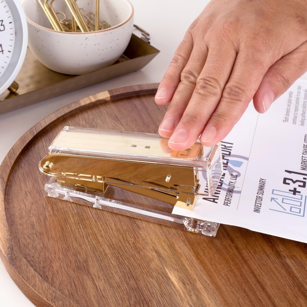 Compact Clear Acrylic Gold Stapler - 20 Sheet Capacity, Half Strip Design