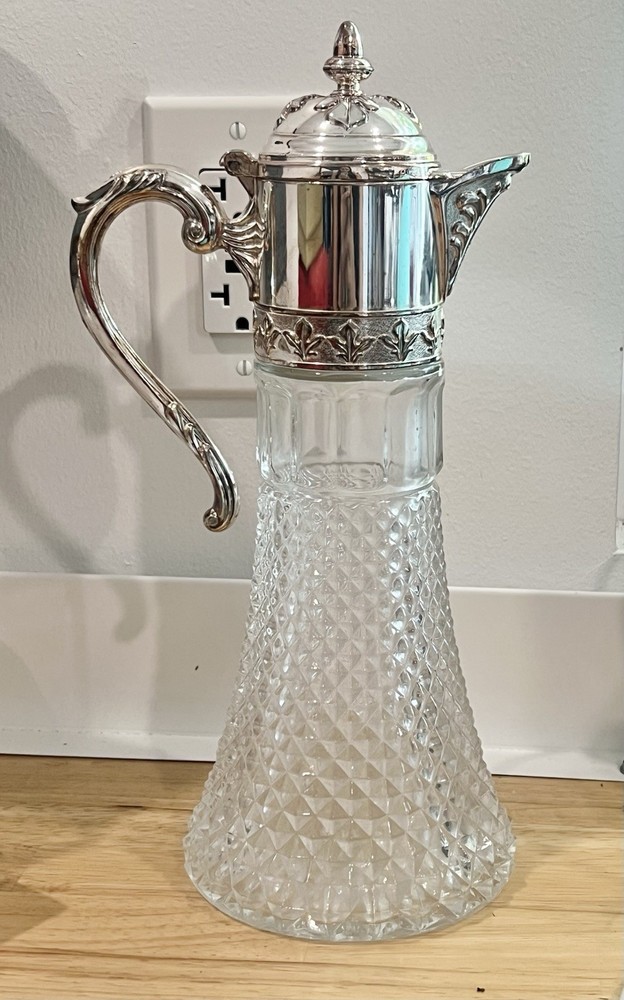 Vintage Leonard Italy Crystal Claret Diamond Point Silver Plated Wine Pitcher🤍