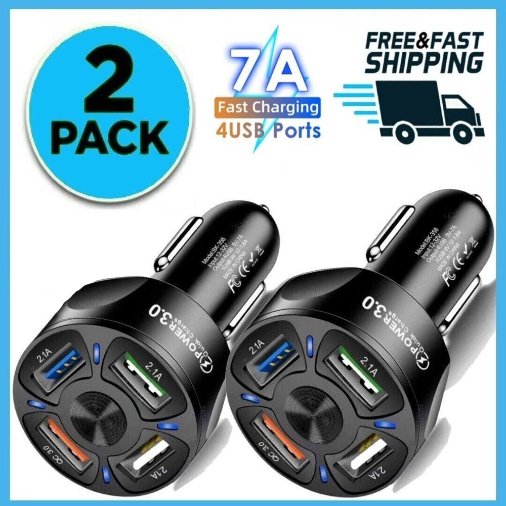 2 Pack 4 Port Car Charger Adapter Fast Charging Plug for Samsung Android iPhone