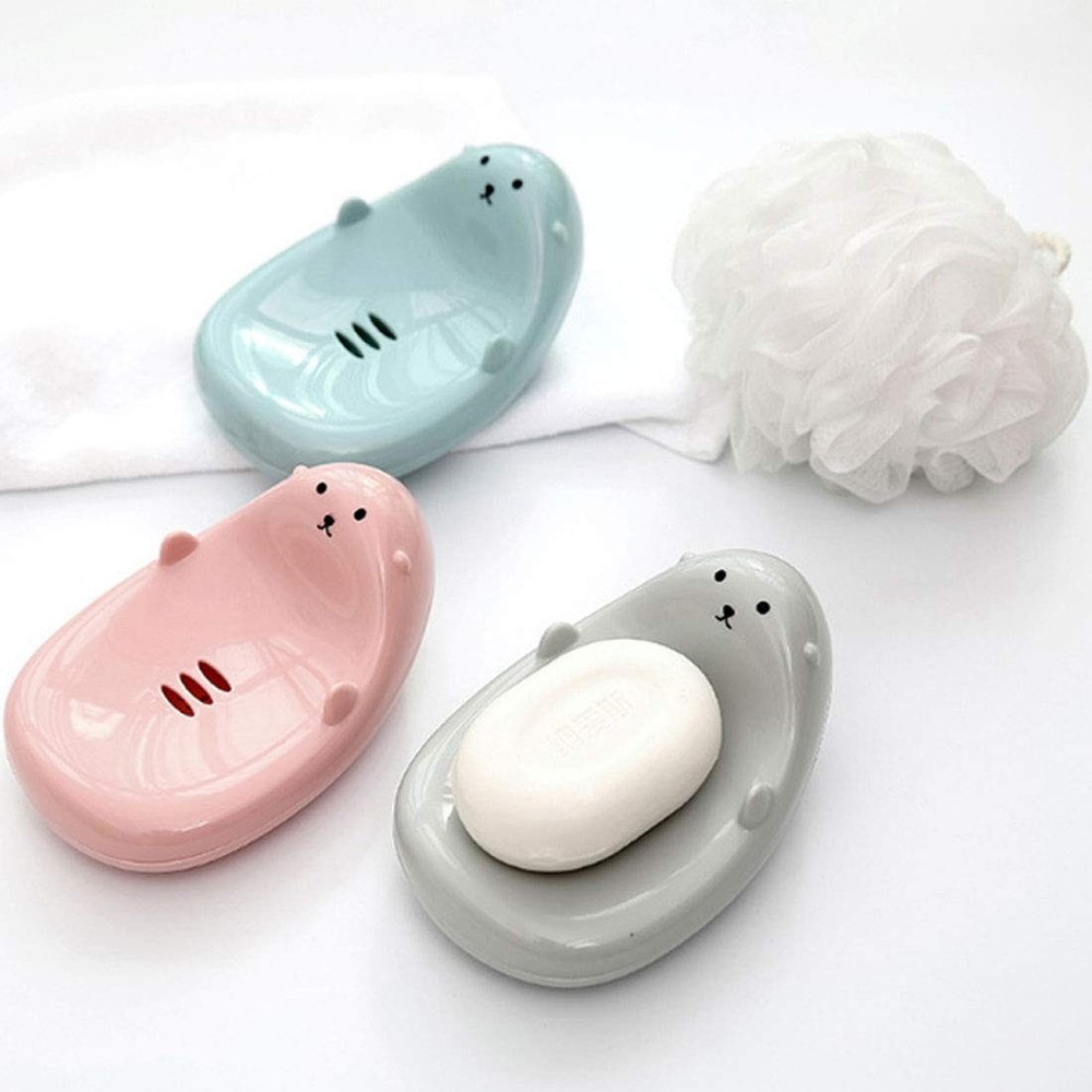 Soap Dish Holder Plastic Drain Rack Bathroom Sponge Organizer Blue