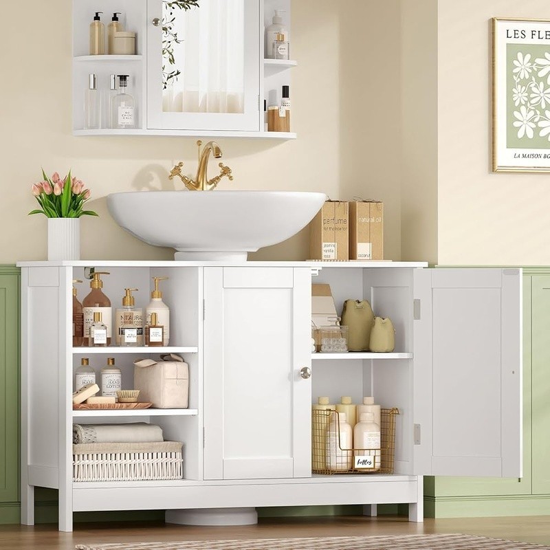 Under Sink Storage Cabinet Adjustable Shelves U-Shaped Cutout Moisture Resistant