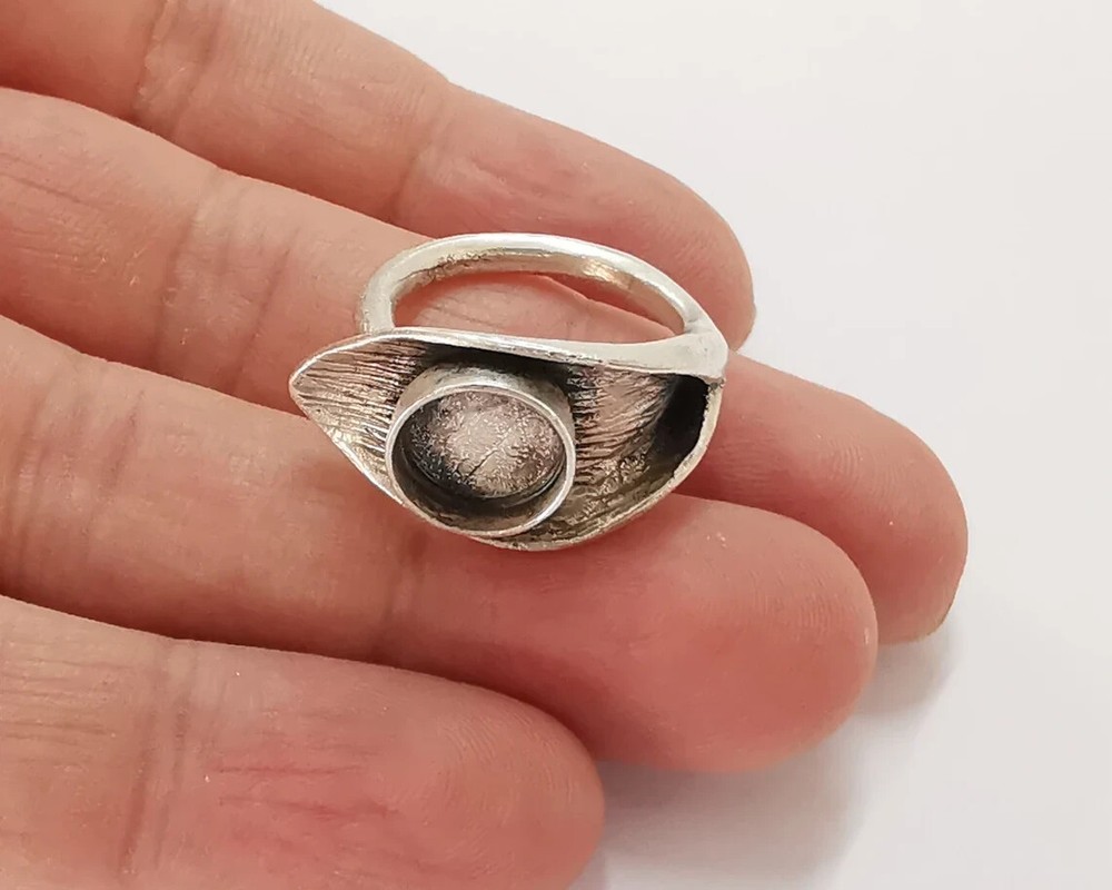 Leaf flower silver ring setting blank cabochon mounting Adjustable base bezel