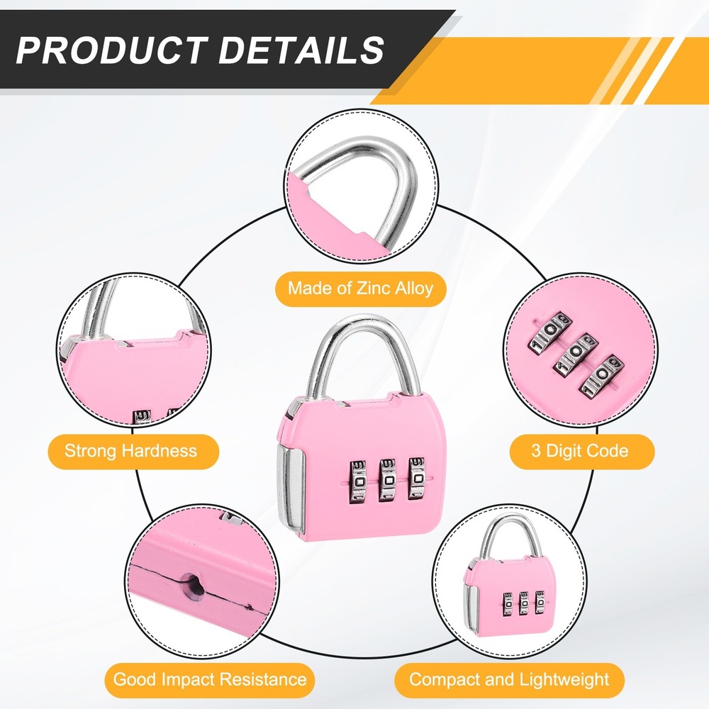 2Pcs Resettable 3 Digit Combination Lock Code Padlock, Pink (47 x 36mm)