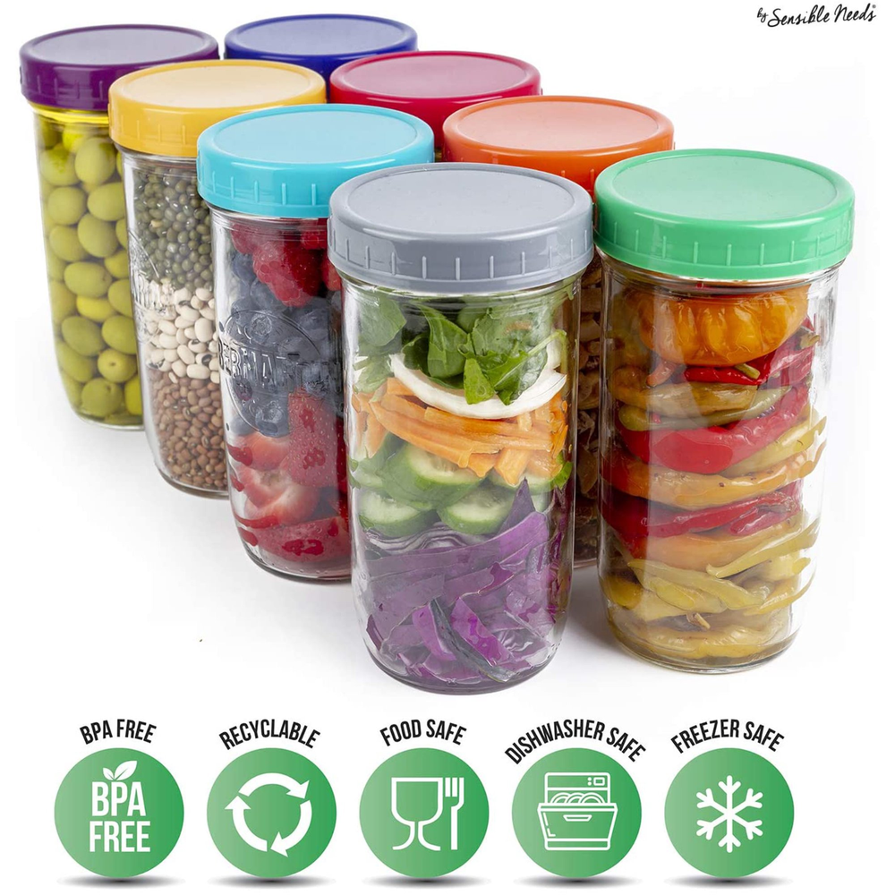 Sensible Needs 16 Pack Colored Plastic Storage Lids Mason Jar 8 Regular &Wide