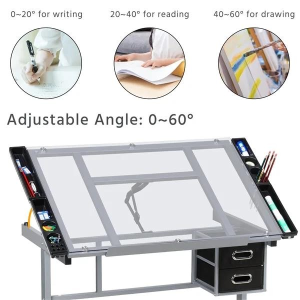 Modern Glass Top Drafting Table For Artists Designers Crafts Students Adjustable