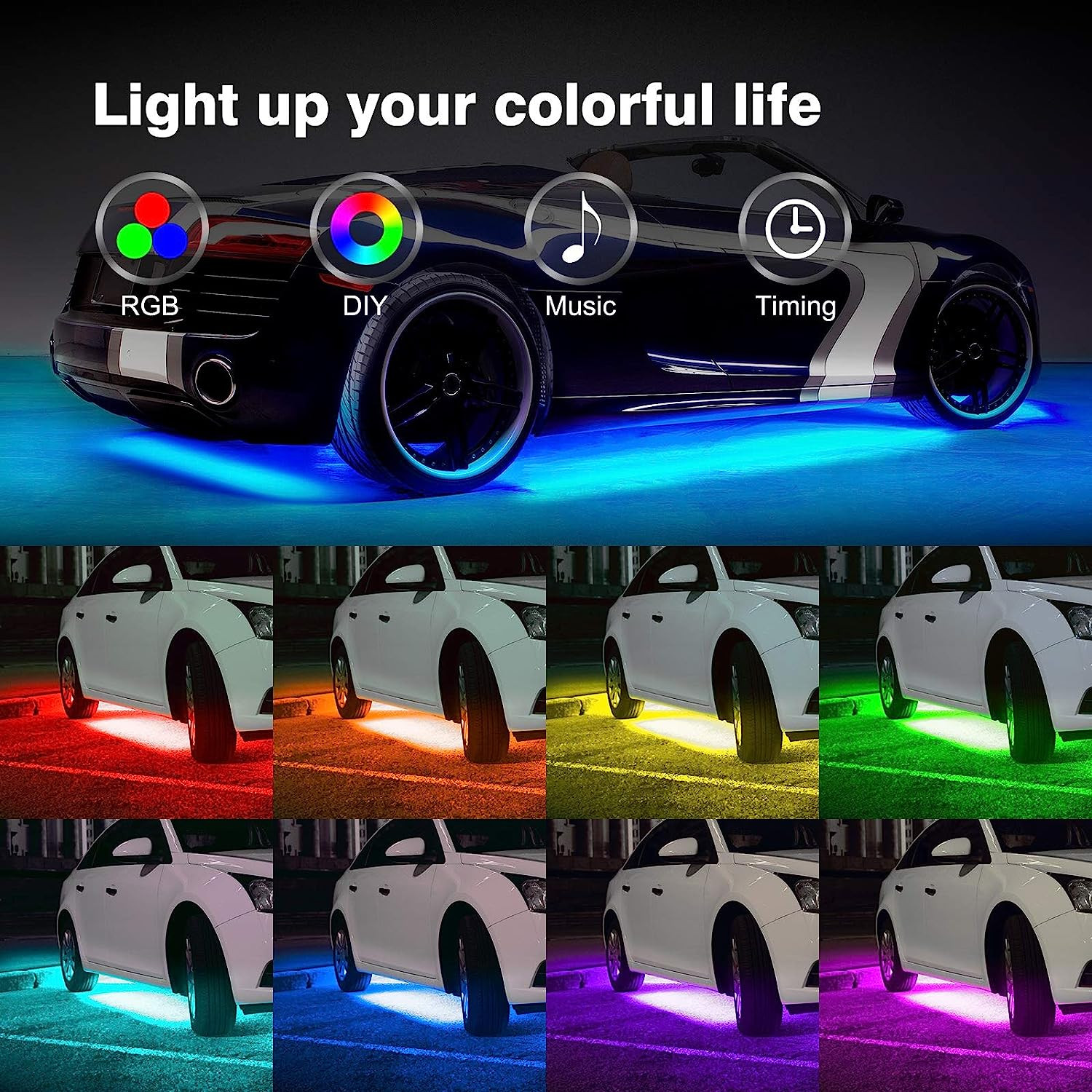 4 Pack RGB Under Car Strip Light Kit LED Neon Tube Underglow Underbody System