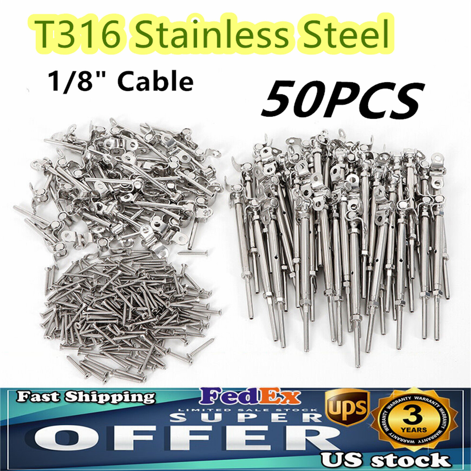50 Pack T316 Stainless Steel Tensioner Set for 1/8" Cable Railing w/ Deck Toggle