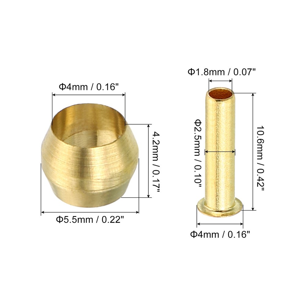 60 Pcs 4mm Tube OD Brass Compression Sleeves Ferrules Fitting Insert Support