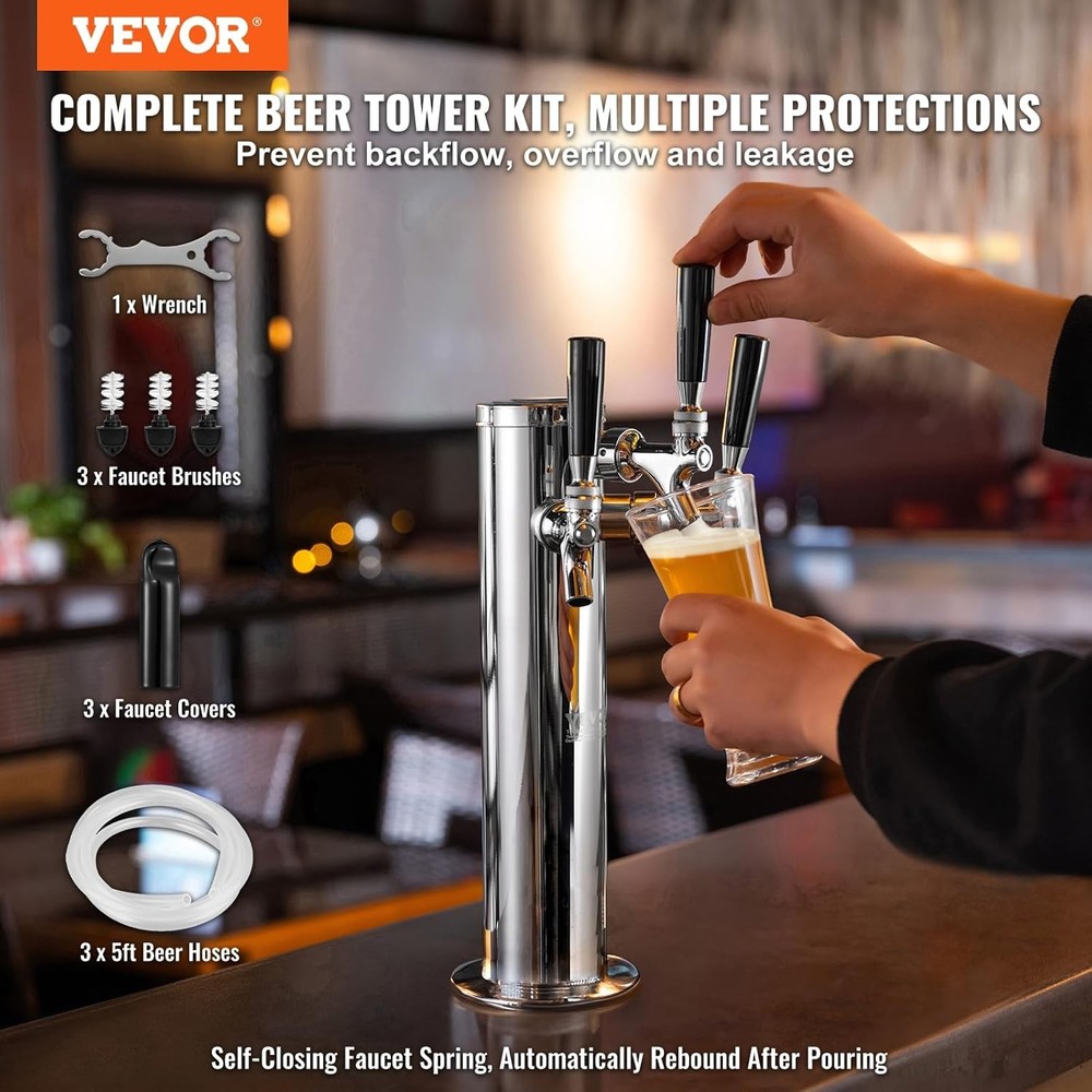 VEVOR Triple Taps Draft Beer Tower Dispenser, Stainless Taps, Silver
