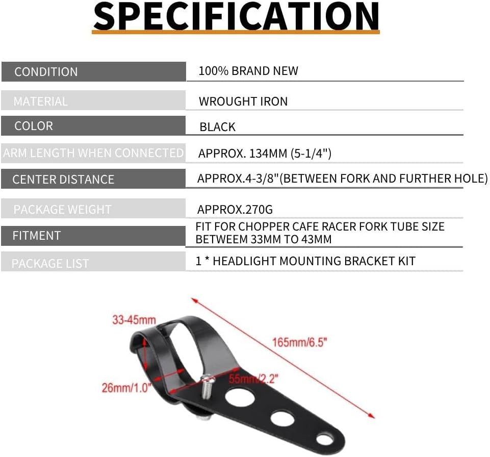 33-45mm Fork Headlight Mounting Bracket, Universal Motorcycle Headlight Black