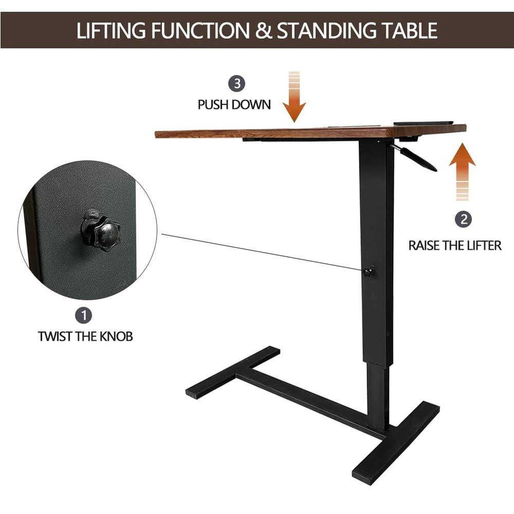 Over Bed Table Pneumatic Adjustable Height Stand Desk with Hidden Wheels USB ...