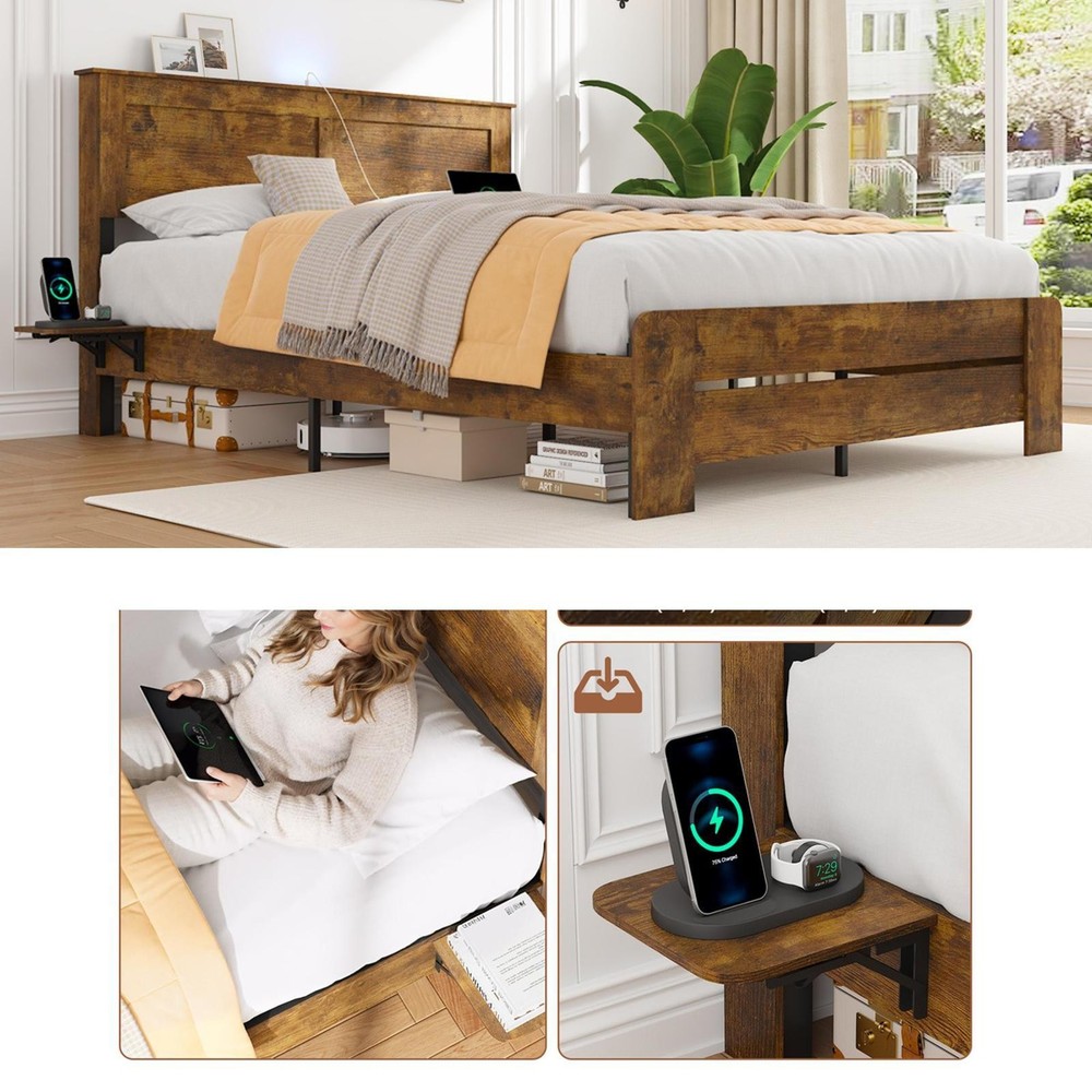 Rustic Industrial Farmhouse Bed Frame with Blue LED & Storage