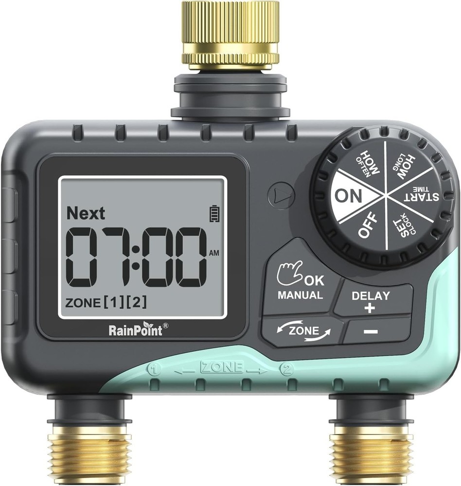 Compact 2 Zone Water Hose Timer with Manual Watering and Rain Delay Features