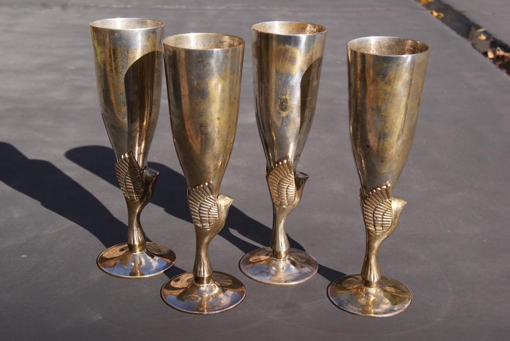 Vintage Godinger 8" Heavy Silver Plated & Brass Flute Goblets, India, Set of 4