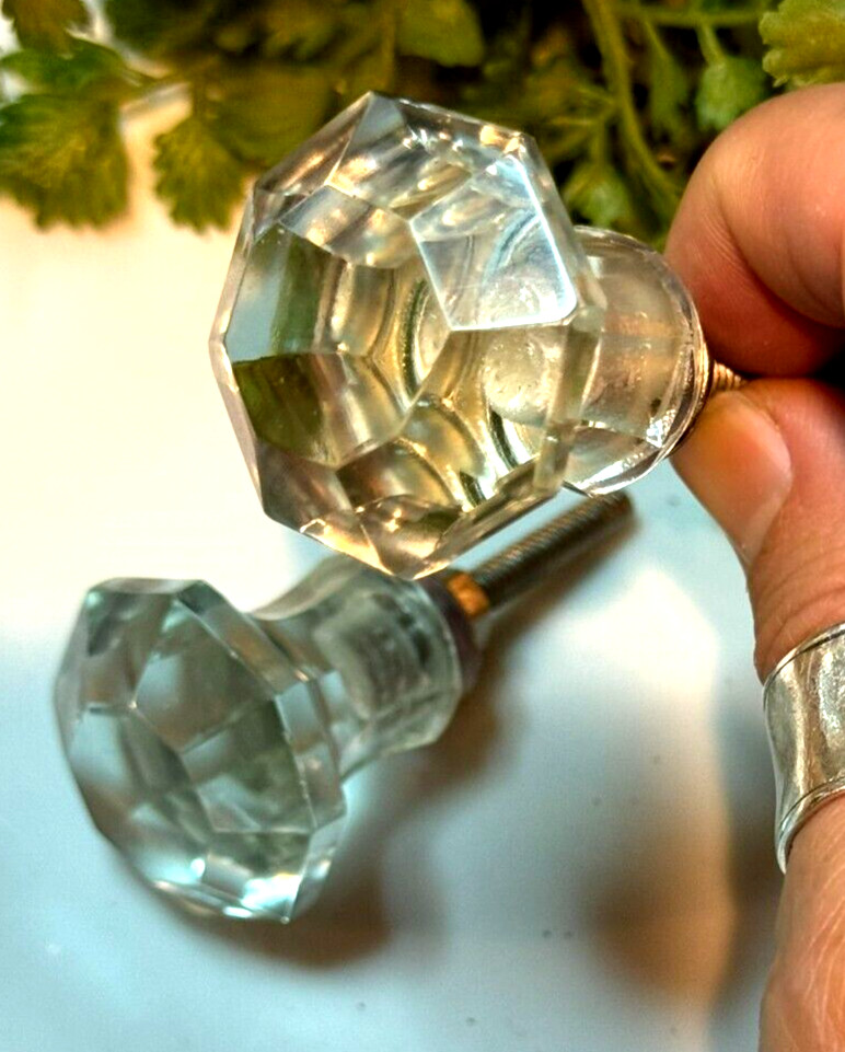 4 Antique Drawer Pull Handle Small Diamond Cut Clear Glass Cabinet Knob Hardware