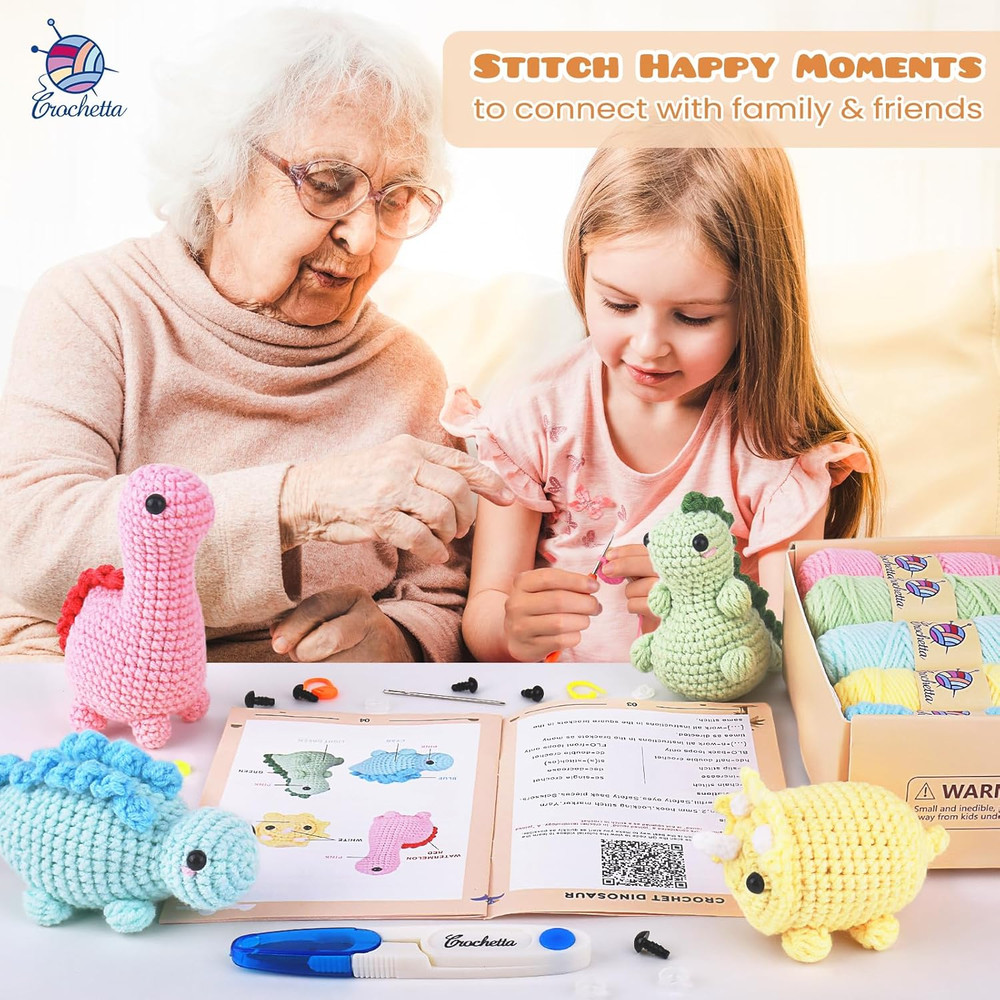 Beginner Crochet Kit with Video Tutorials - 4 Pack Dinosaur Patterns