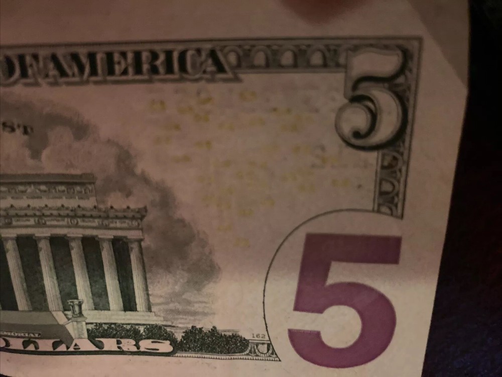 $5 Error Note: Green Seal Misaligned. On The 2 Sections Bleed Through