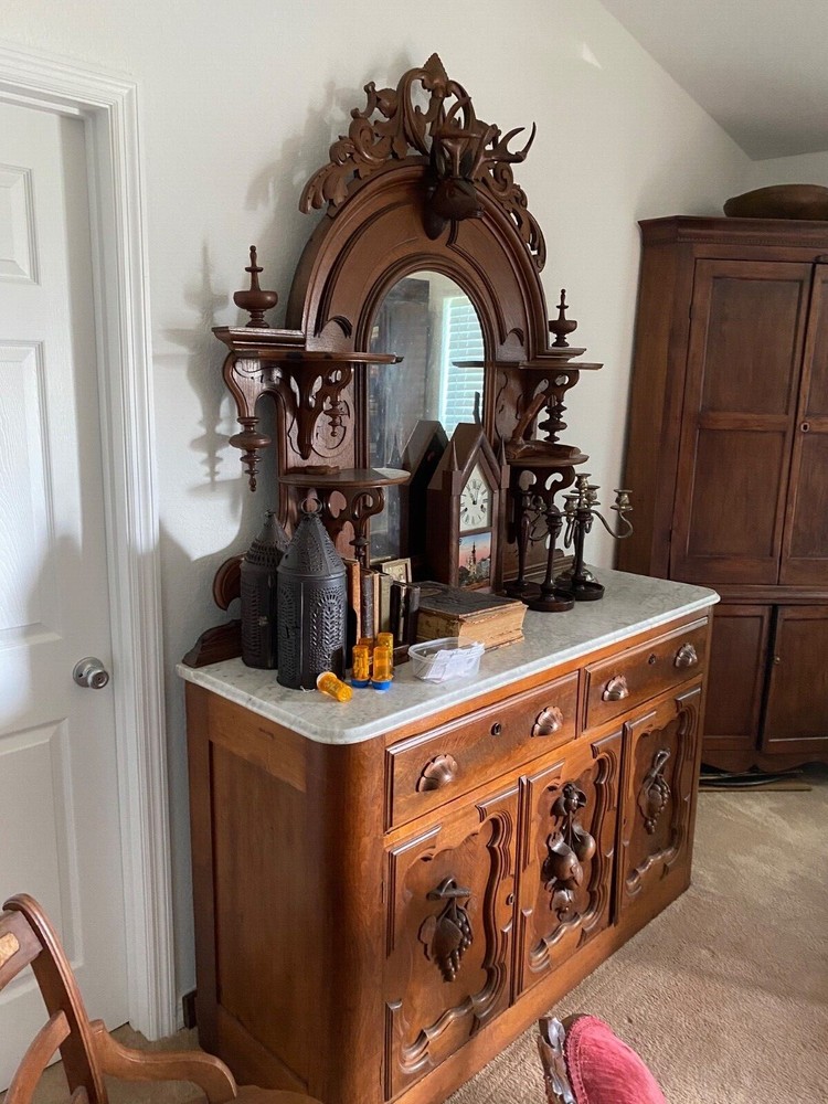 Victorian Walnut Marble Top Huntboard Buffet Sideboard