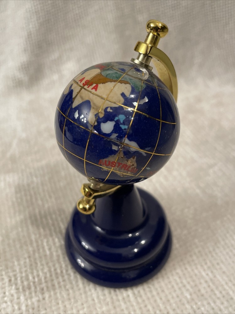 Desktop Globe Semi Precious Inlaid 3.5” Lapis Abalone Pearl EUC