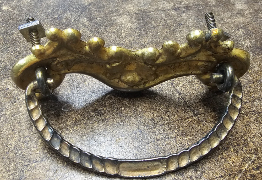 3 Antique Stamped Brass Drawer Pulls Handles Back Plates