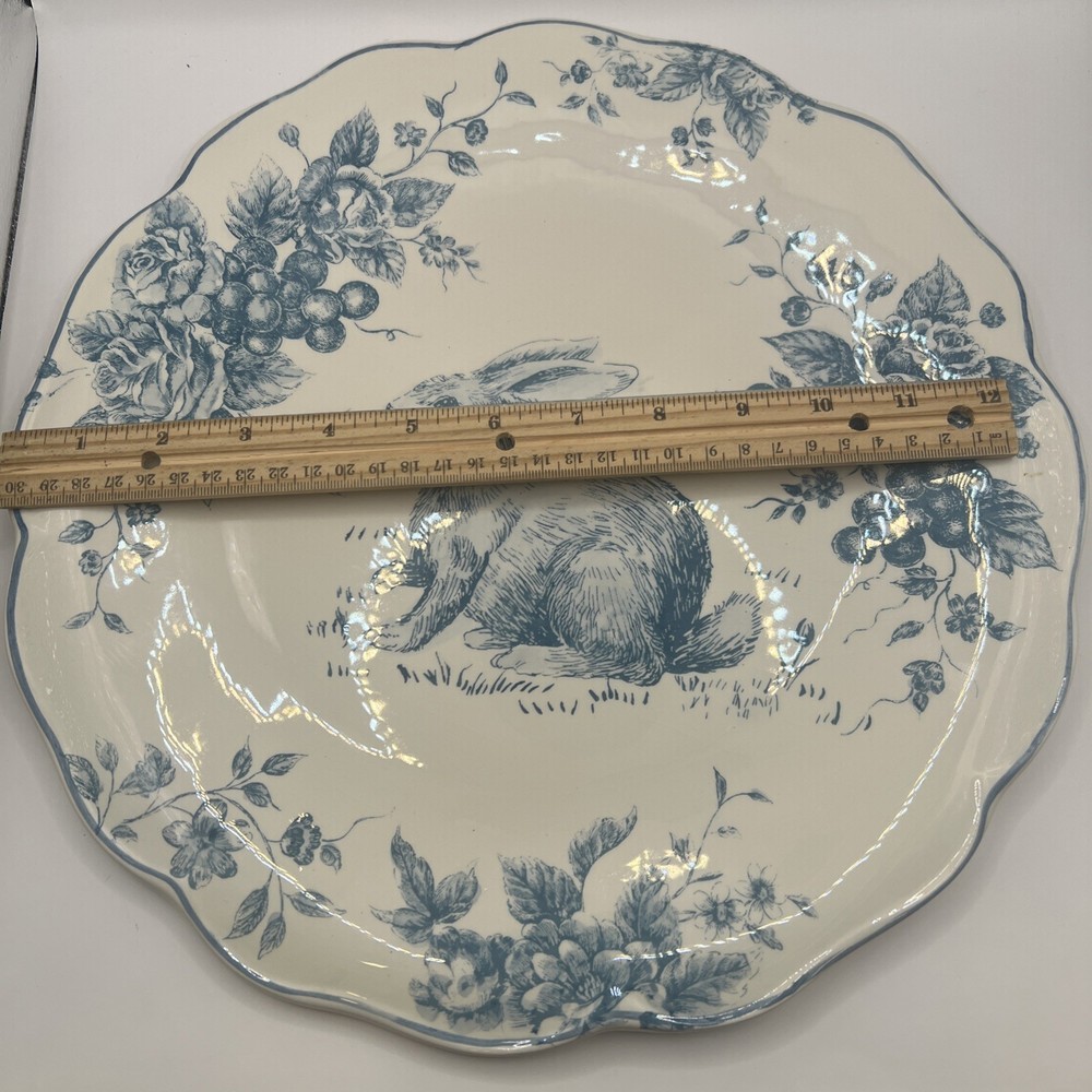 Maxcera Blue White Toile Bunny Rabbit Round Serving Platter Easter Large 13"