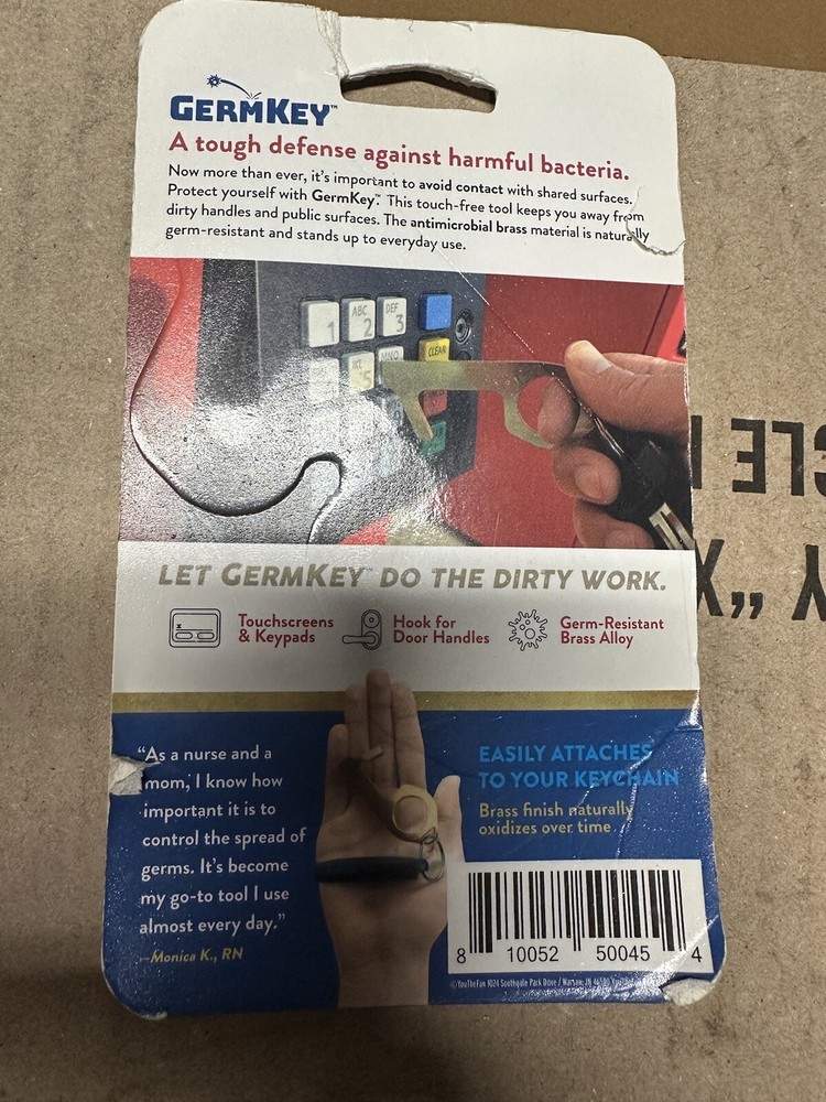 Germ Key Chain Solid Brass Antimicrobial Hand Tool Contactless Door Opener -New-