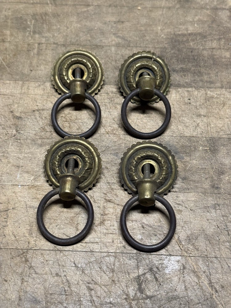 4 Victorian Drawer Pulls Hardware, Square Nut- Brass- Floral Design