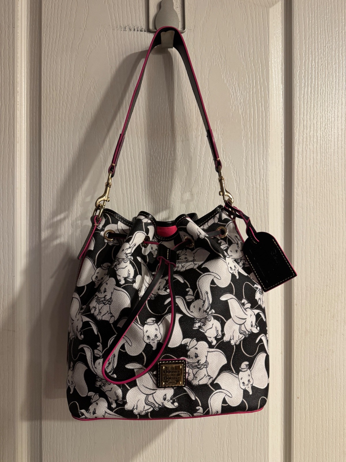 Dooney & Bourke Disney Black White Pink Dumbo Drawstring Bucket Purse Handbag