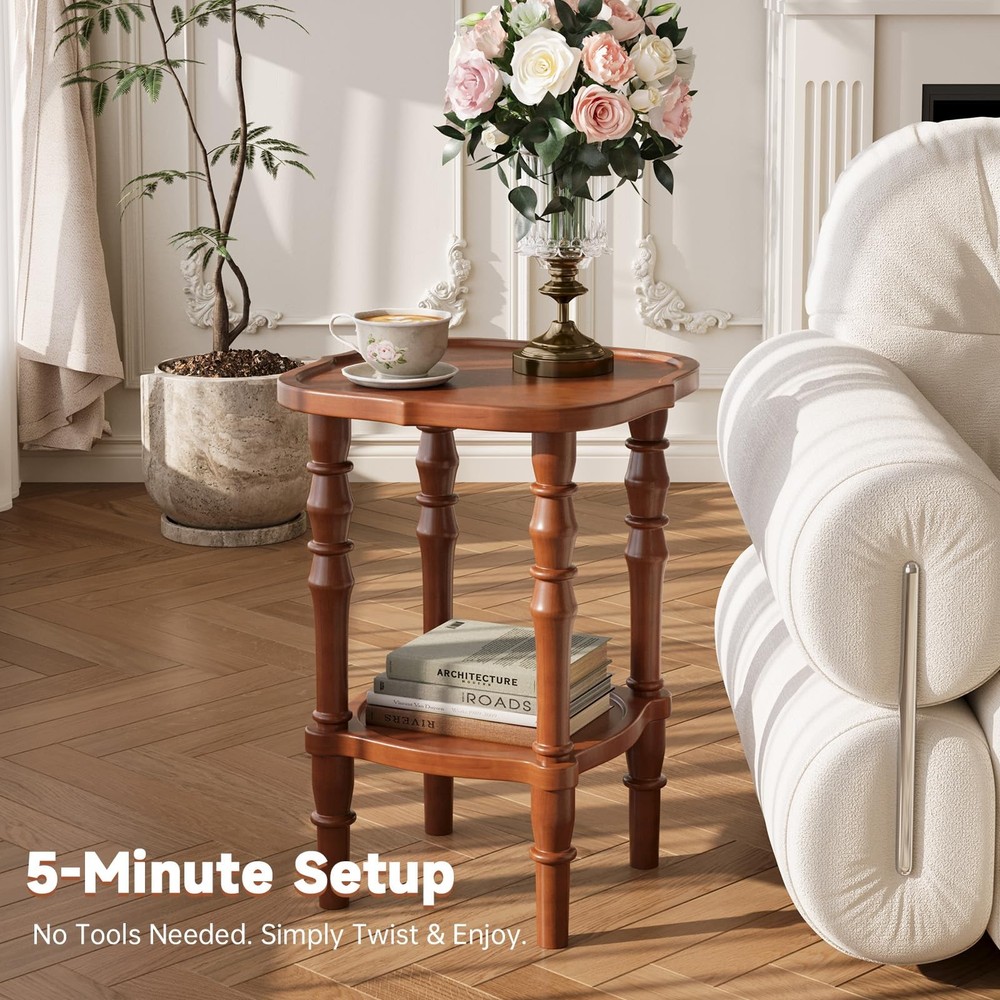 100% Solid Wood Side Table, Vintage 2-Tier Small Round End Table, Nightstand ...