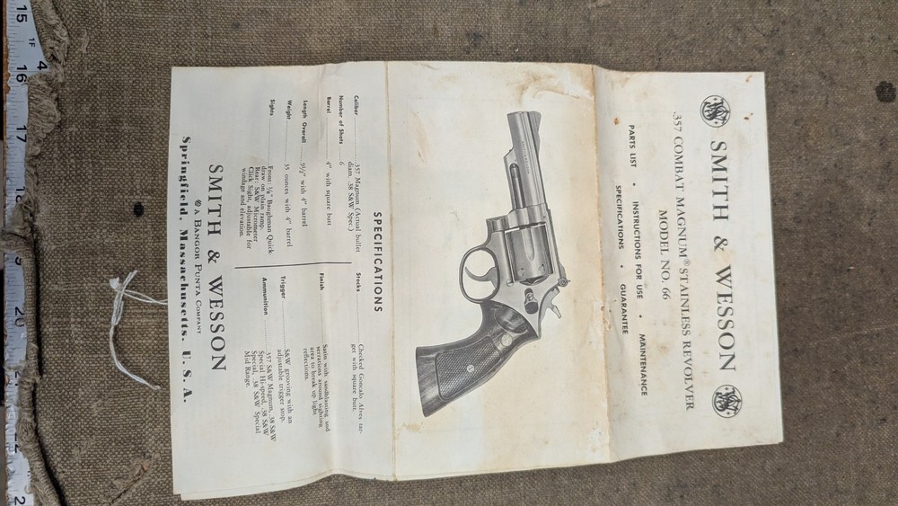Instruction Manual, Vintage Smith & Wesson Model 66 Paperwork