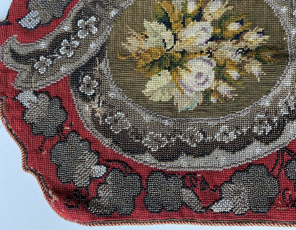 Antique Victorian Glass Beadwork and Needlepoint Fire Screen Panel for Pillow ?