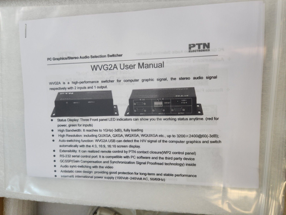 PTN Electronics WVG2A HIGH PERFOMANCE COMPUTER GRAPHICS SIGNAL SWITCHER
