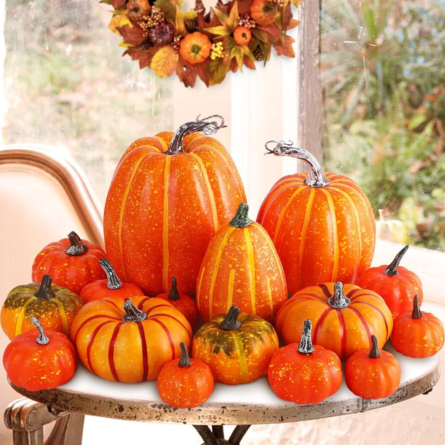 Ywlake 16 Pcs Pumpkin Fall Decorations, Decorative Large Small 12Pcs, Orange