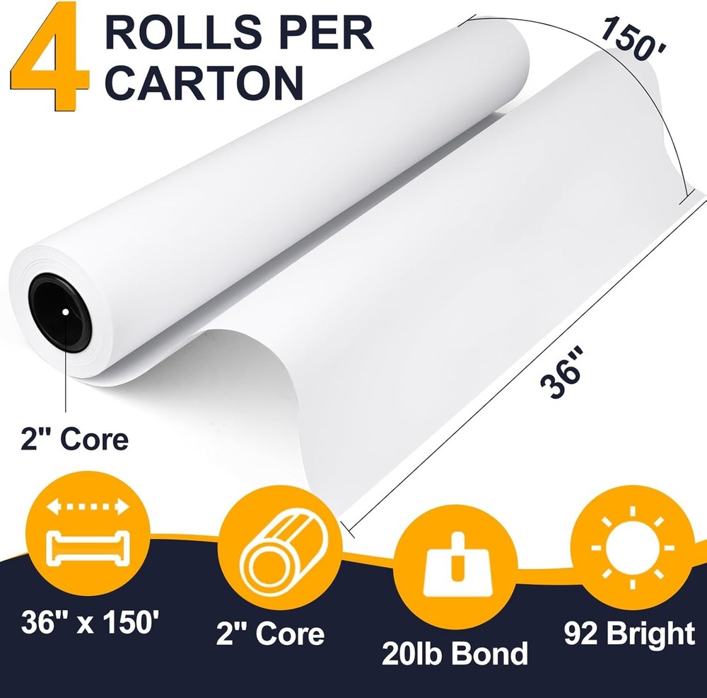 36"x150' Plotter Paper 4 Rolls 20lb Smudge Resistant for CAD Engineering