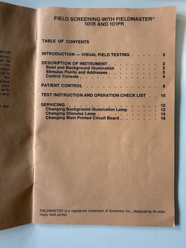 VTG Optometry Guidebook & Paper Visual Field Plotters Synemed Fieldmaster