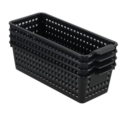 4 Pack Black Narrow Storage Baskets - Multi-Use Small Plastic Organizers