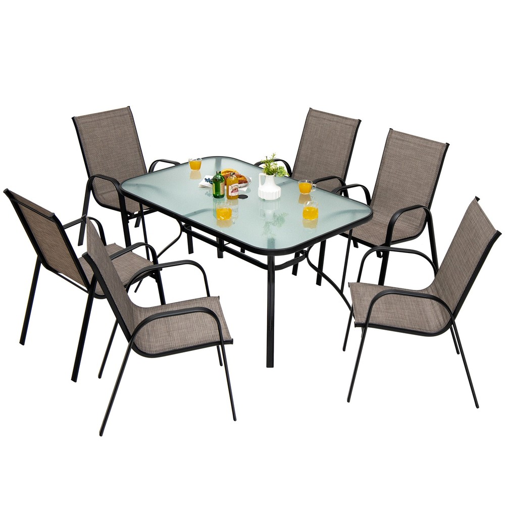 Patiojoy Set of 6 Patio Dining Stackable Chairs Armrests Space Saving Backyard