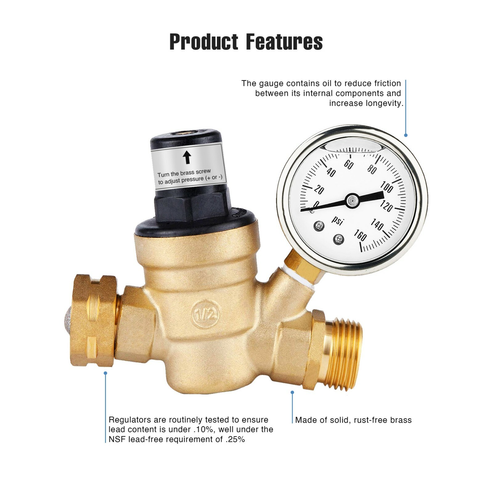 Water Pressure Regulator For RV Lead-free Brass Adjustable Reducer Gauge 3/4"