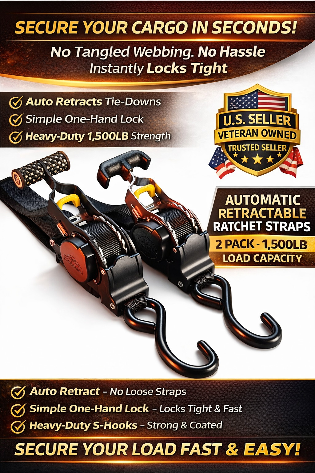 🔥 2-Pack 10FT Retractable Ratchet Tie-Down Straps | 1500LBS Heavy-Duty | S-Hook