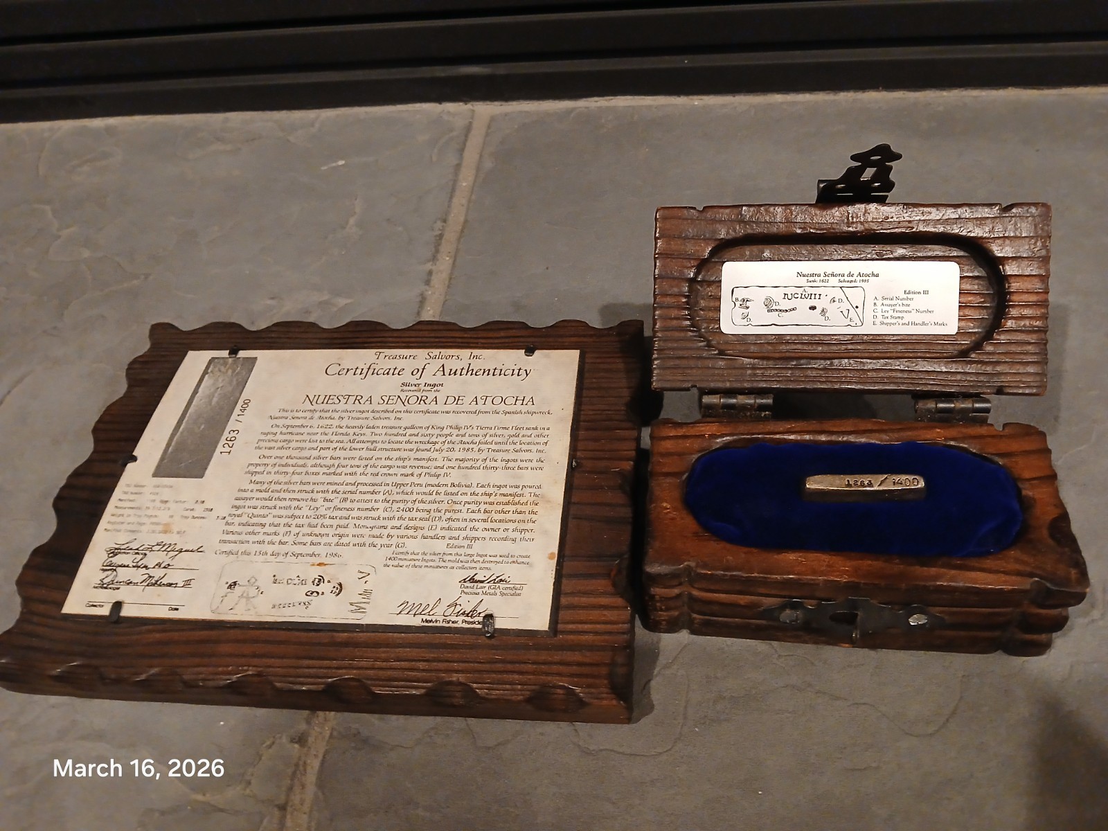Nuestra Senora De Atocha Treasure Chest with Silver Ingot