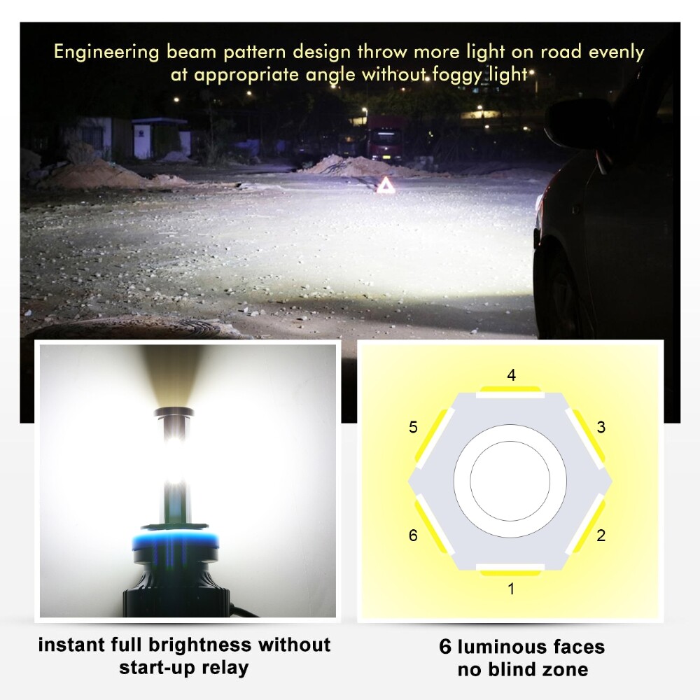 6-sides H11/H9/H8 LED Headlight High/Low Beam Bulbs Super Bright 6500K 3600000LM