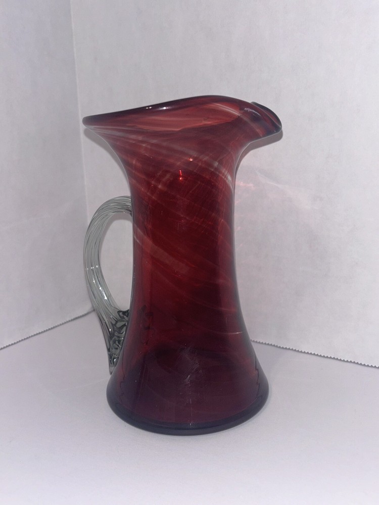 Hand blown Glass Ruby Red Pitcher Applied Ribbed Clear Glass Handle