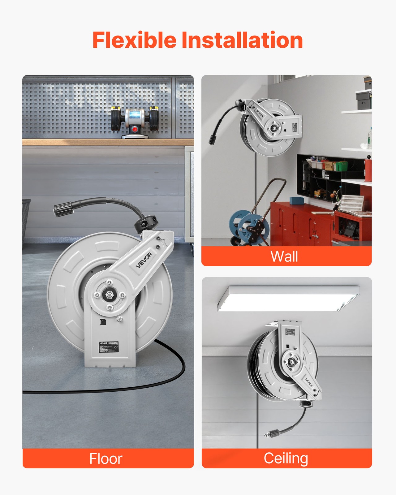 VEVOR Pressure Washer Hose Reel 65ft x 1/4in Retractable 3200PSI Auto-Rewinding