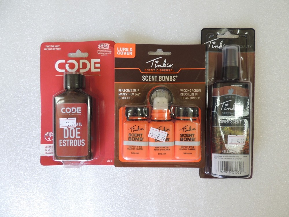4 Oz. Tinks Cover Scent Earth +  3 Scent bombs + 4 oz. Code Red Doe Estrous New