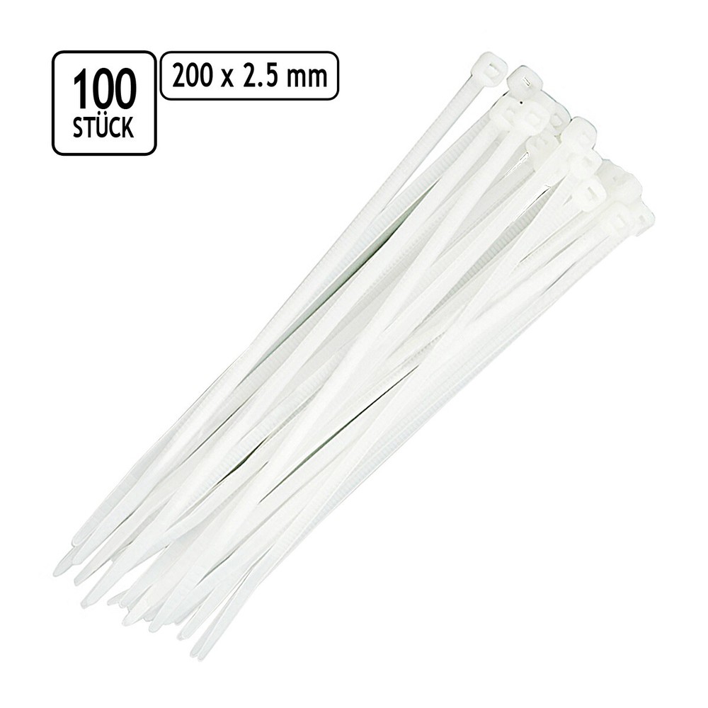 Long White Cable Ties 100pcs 200x2.5mm