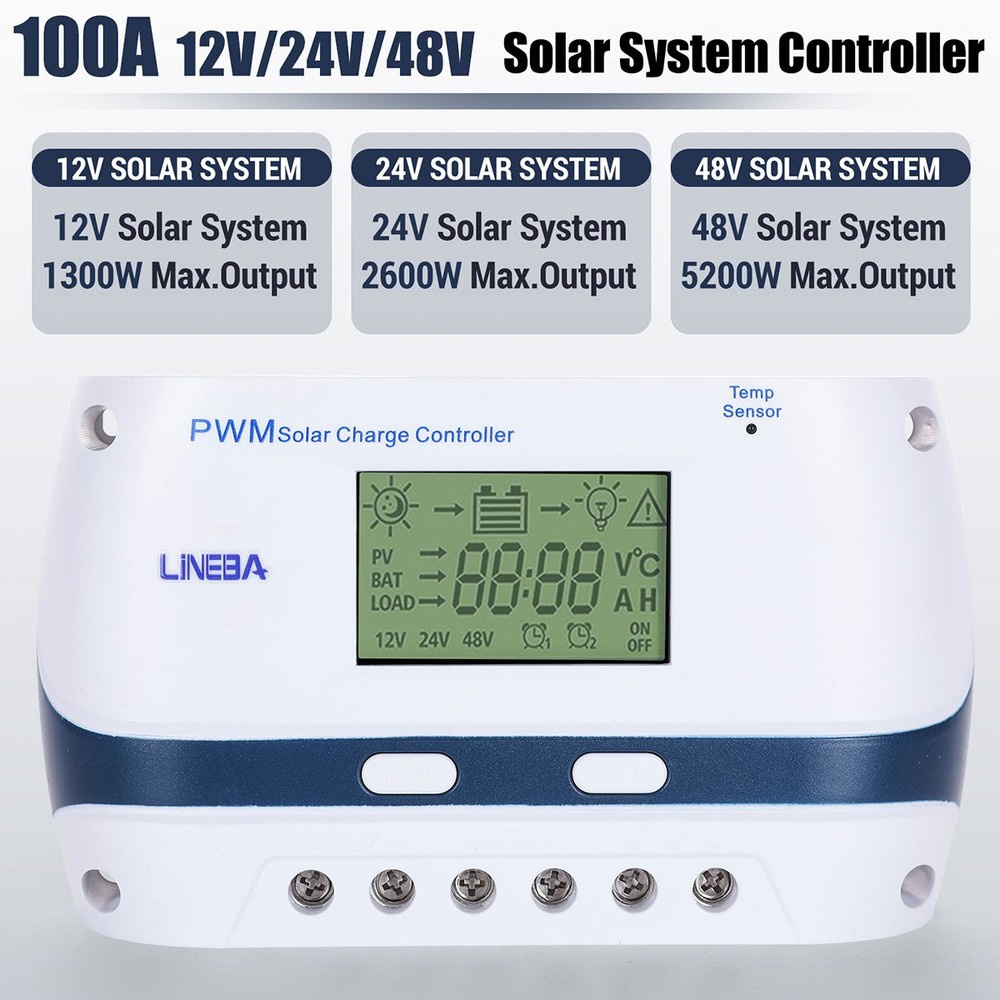 12V/24V/48V 100A PWM Solar Charge Controller Panel Lithium Battery Regulator USB