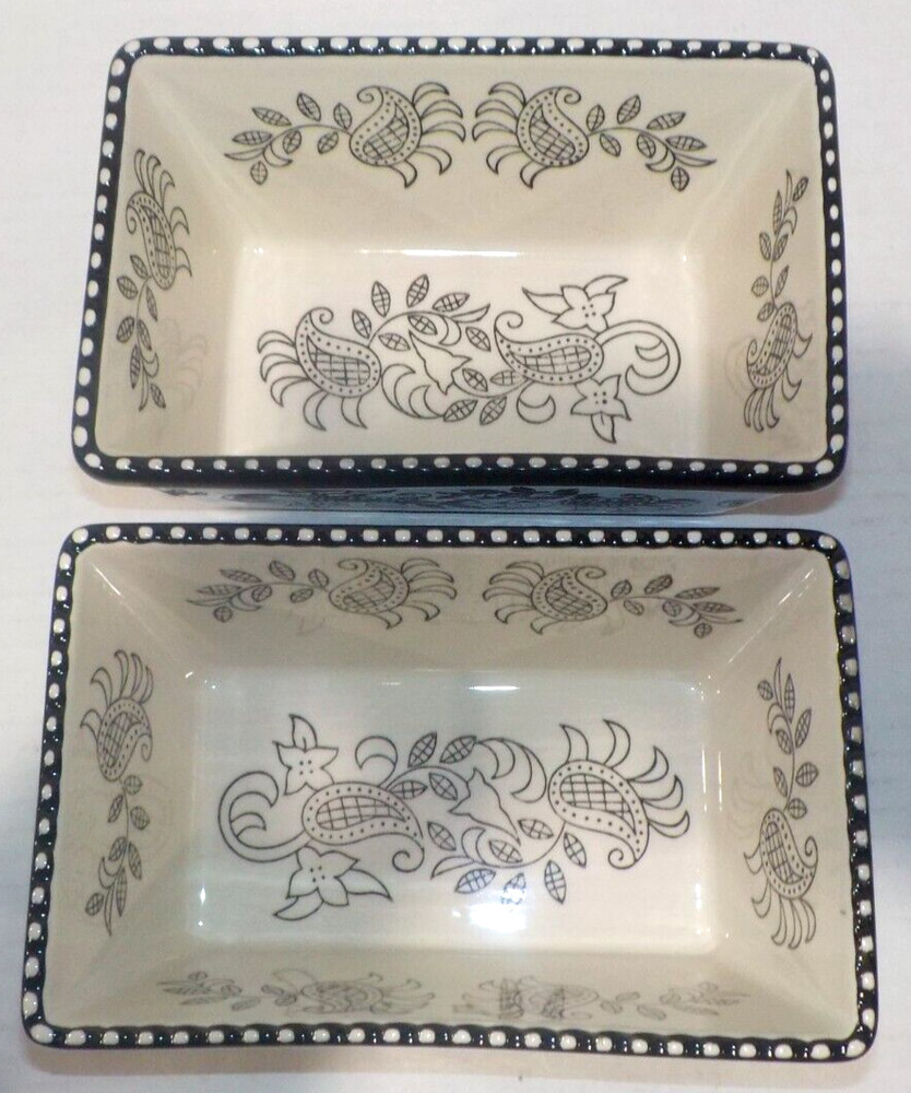 Lot 2 BAUM Small Rectangular LOAF Bakeware Dish Black White PAISLEY 6.5x4x3 *EUC
