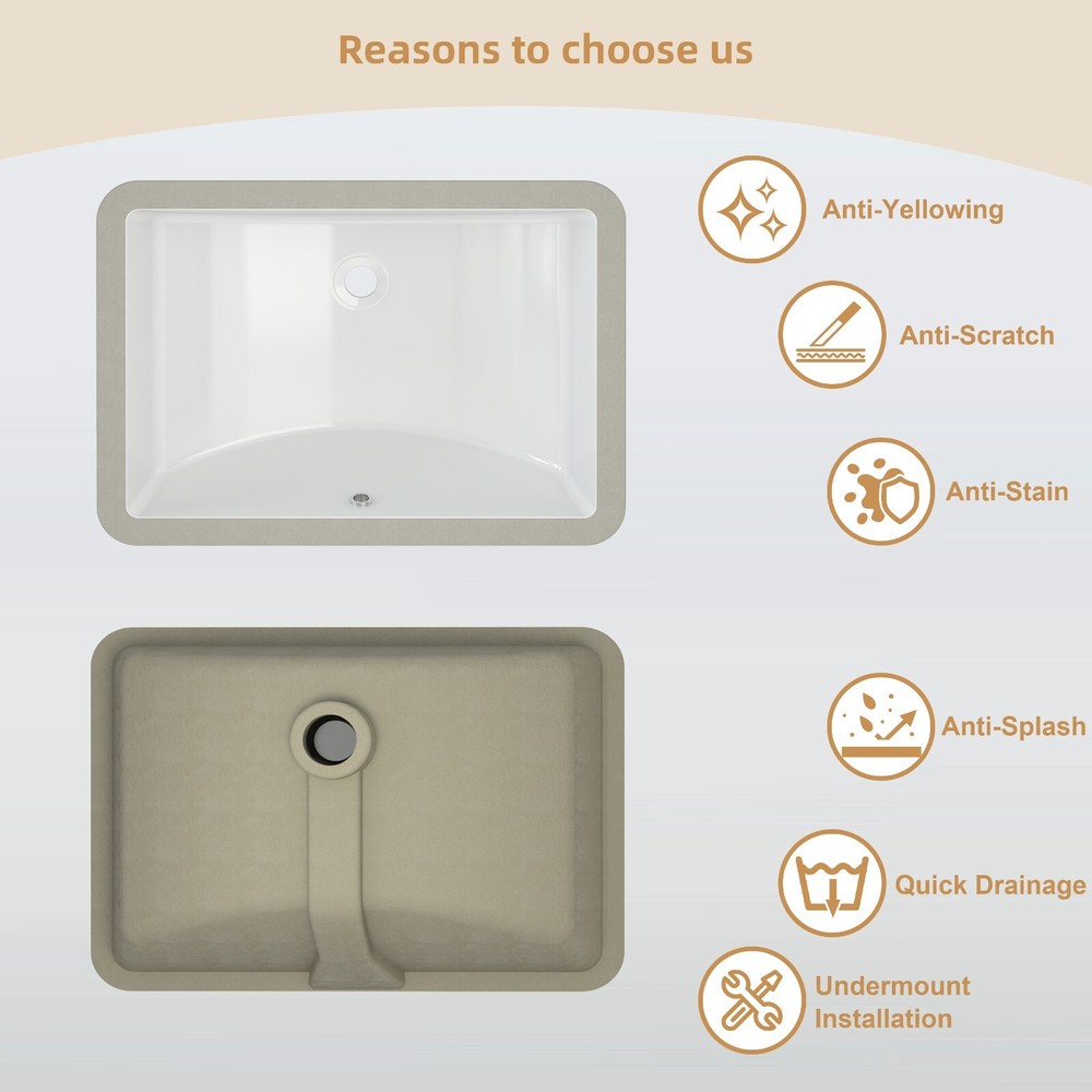 Rectangle Undermount Bathroom Sink, 20'' x 14'' White Ceramic Under Mount Sink