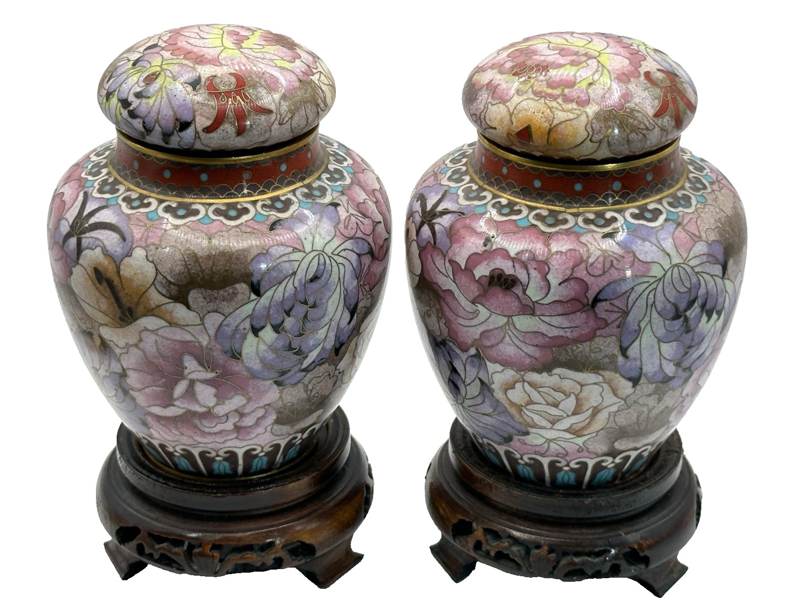 Vintage Pair of Chinese Cloisonné Enamel Ginger Jar Floral Motif 6.75" Wood Base