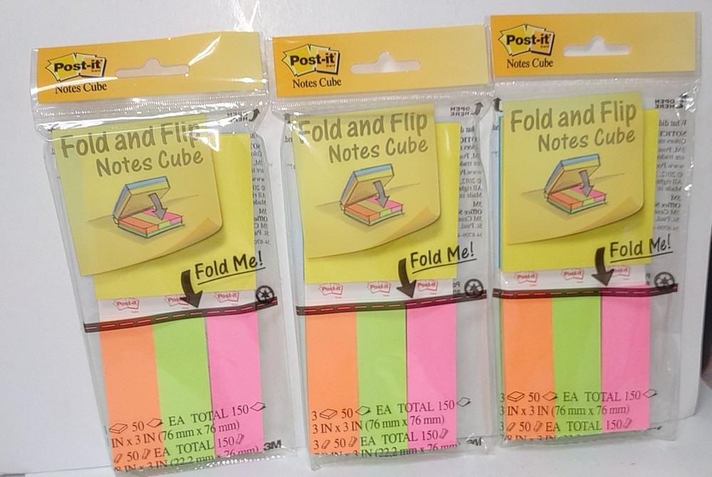 Post It Fold N' Clip Notes Cube 3" x 3" / 1" x 3"   Assorted 50 Notes Pad 3 Pack